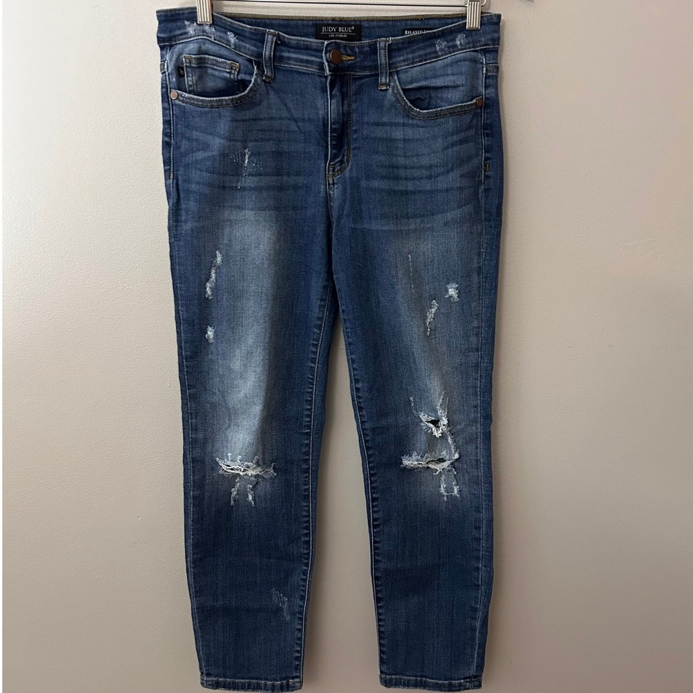 Judy Blue Jeans Womens 11/30 Blue Mid Rise Relaxed Fit Distressed Denim Stretch